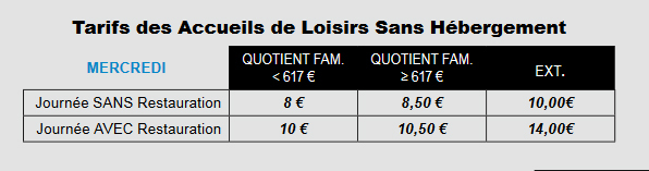 tarifs accueil de loisirs mercredi